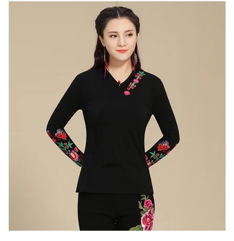

KYQIAO online chinese store original black blouse women tops m-5xl plus size ethnic long sleeve black embroidery shirt blusa