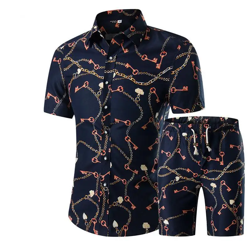 Men Suits Sets Short-Sleeve Fashion Casual Fit Floral Print Slim Turn-Down-Collar