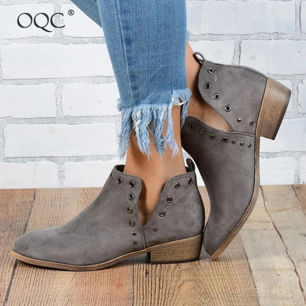 

OQC British Pointed Toe Side Cut Walking Boots Women Martin Ankle Boots Autumn Winter Casual Retro Boots Deep V mouth Shoes D25