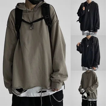

Autumn Hip Hop Hoodie Men Fashion Solid Color Casual Cotton Hole Hoodies Man Streetwear Loose Fake Two-piece Sweatshirt Men