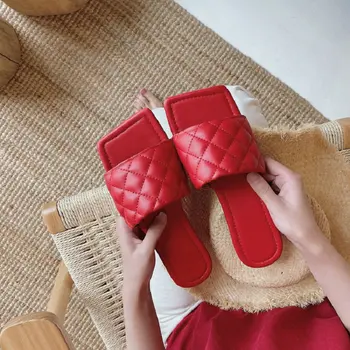 

ZawsThia genuine leather luxury brand red woman's casual flats slides open toe big size 41 42 43 women slip-on slippers mules