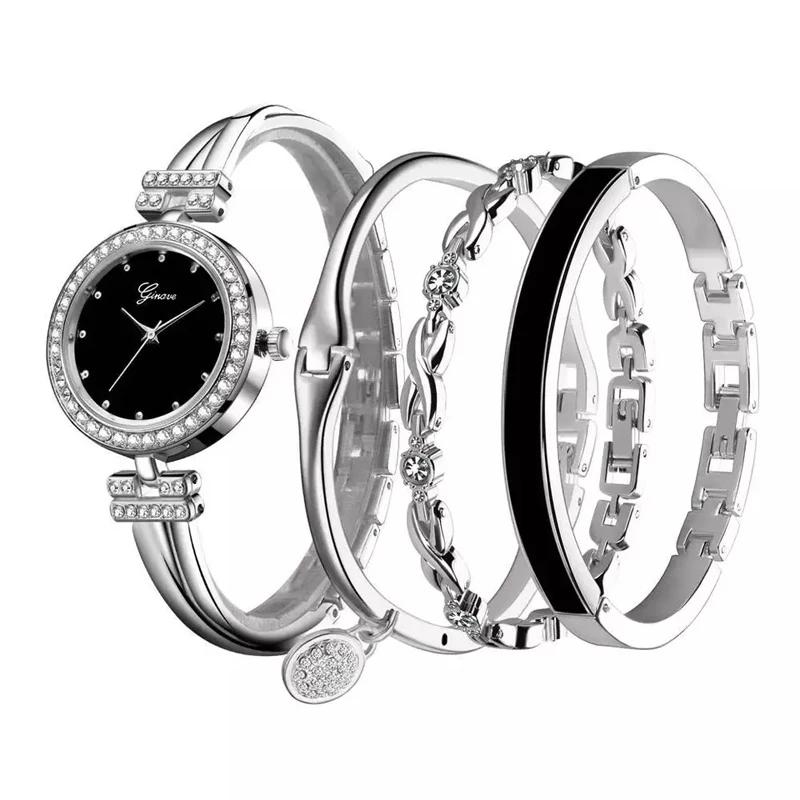 Женские часы Ginave с бриллиантовым браслетом из розового золота, роскошные ювелирные изделия для девушек, повседневные кварцевые наручные часы, набор из 4 предметов - Цвет: Silver black