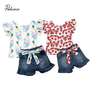 

Pudcoco 2pcs Clothes Set Toddler Baby Girls Flamingo Print Floral Watermelon Tops T-shirt Denim Jeans Shorts Pants Kids Outfits
