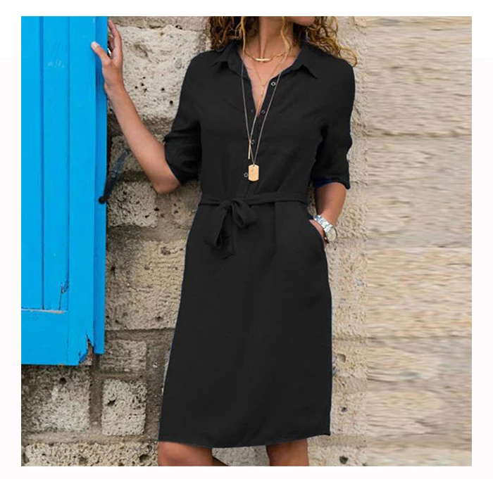 Jocoo Jolee Shirt Dress Women Turn-down Collar Sashes Knee-length Dress Casual Psrty Dress Oversized Loose Dress Vestidos Robe cocktail dresses