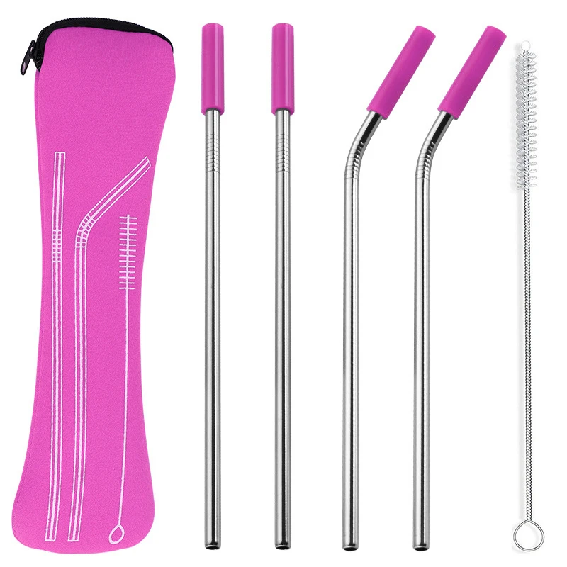 pink 4pcs 1 Набор, многоразовые соломинки из нержавеющей стали, прямые согнутые соломинки для питья с силиконовыми наконечниками, металлические соломинки для горячих и холодных напитков - Цвет: pink 4pcs