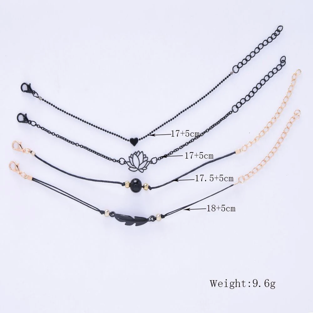 Fashion Bracelet 4PCs Gothic Black Feather Lotus Bracelets Set Heart Charm Boho Bangles For Women Wrist Chain For Fashion Bracelet Fashion Jewelry