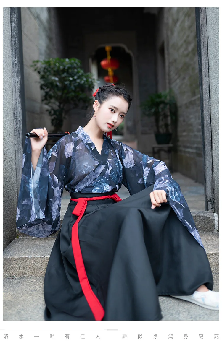 Синий китайский традиционный Wei Jin стиль Hanfu Женский Печатный Большой рукав японский стиль студенческий Косплей народное представление наряд
