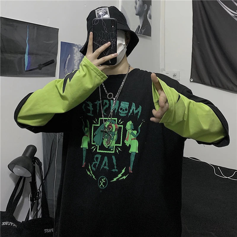 Woherb Harajuku футболка для женщин и мужчин поддельные 2 шт. мультфильм Письмо печати с длинным рукавом рубашка мода уличная Vete мужчины t Femme