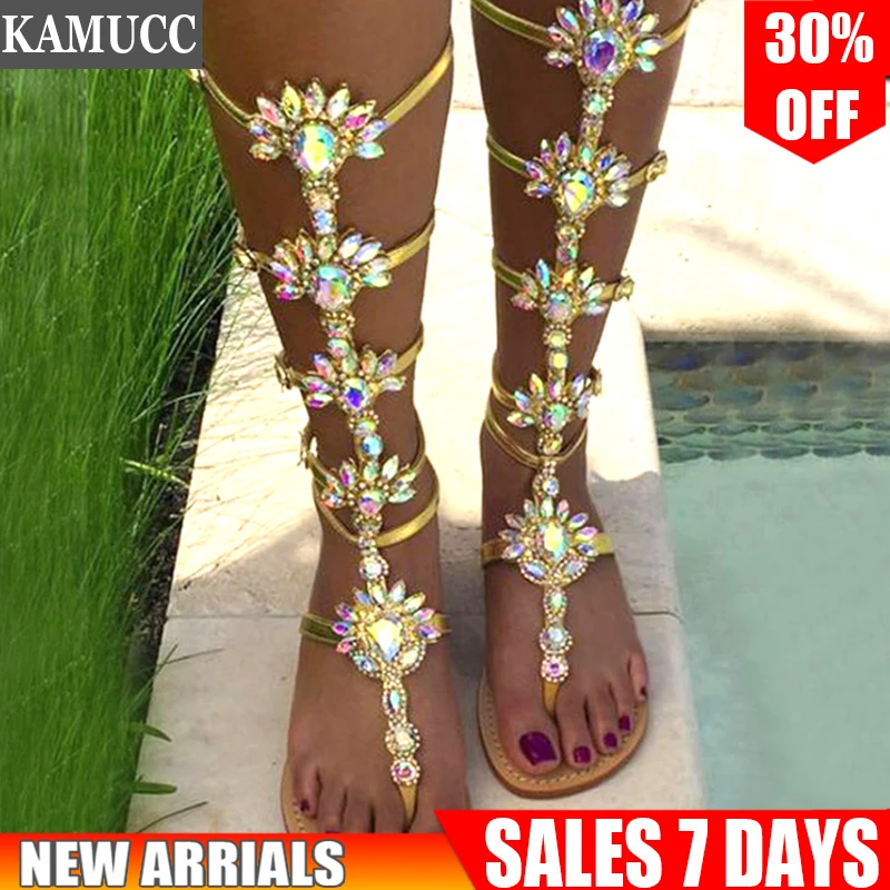 Woman Sandal Boots Rhinestone Lady Knee High Boots Thin High Heels Stiletto Crystal Dress Summer Shoes Sandalias Bohemia Style women sandals women high heels