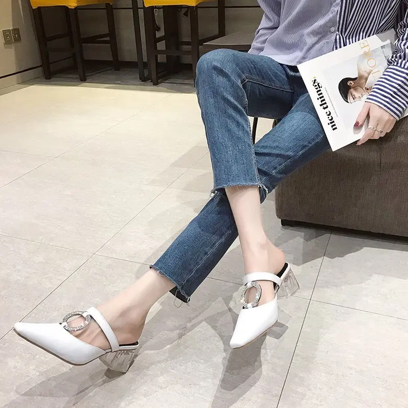 

2020 summer new thick-heeled Baotou sandals and slippers women's rhinestone temperament pointed toe wear lazy slippers X311
