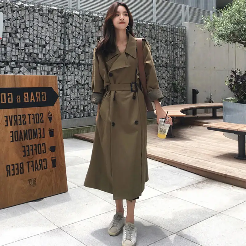 army green Осенний Модный тренч для женщин, двубортный длинный Тренч, пальто Abrigo Mujer, цвет хаки, ветровка, Женское пальто C5795 - Цвет: army green