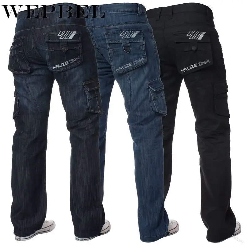 

WEPBEL New Men's Fashion Denim Jogger Cargo Jeans High Quality Designer Washed Denim Long Pants with Pocket Plus Size
