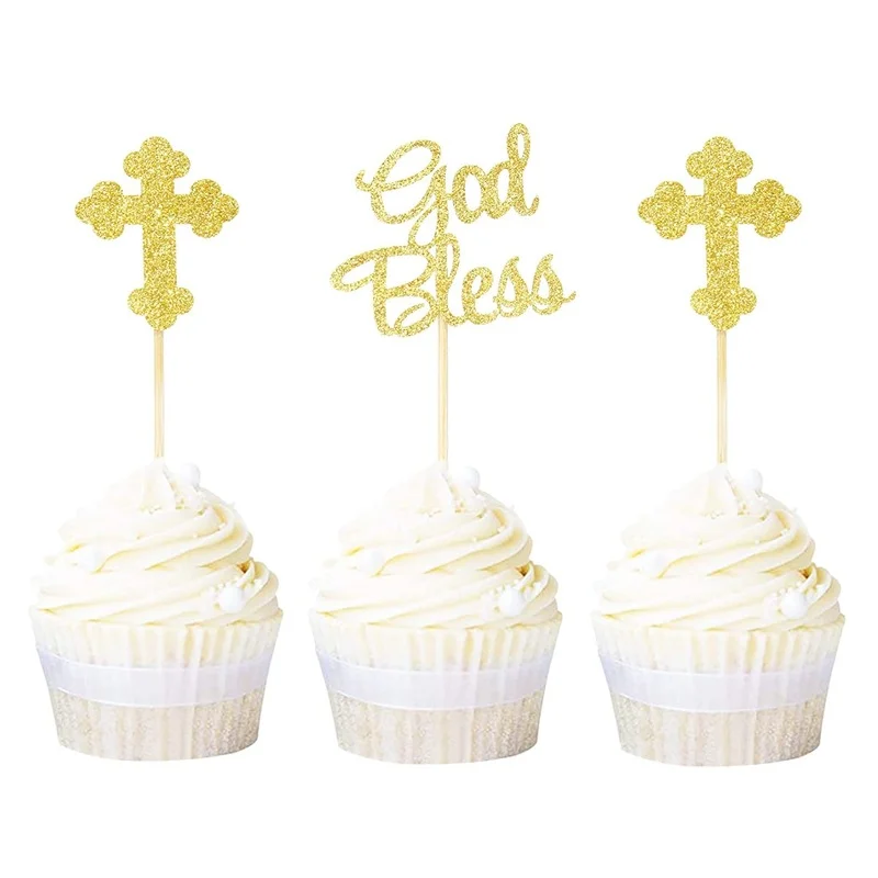 God Bless Cross Cupcake Toppers Baptism Party Decorations Glitter Bless Cake Topper Dessert Dress Up Baby Birthday 12pcs party decorations,birthday party supplies,cake topper,cake decorations,cake toppers,cupcake supplies