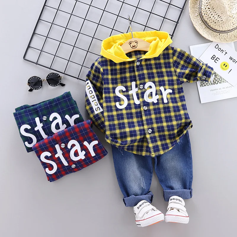 

2019 Fashion Autumn Clothing Children Baby English Lettered Star Shirt Set Korean-style BOY'S Plaid Hooded Coat