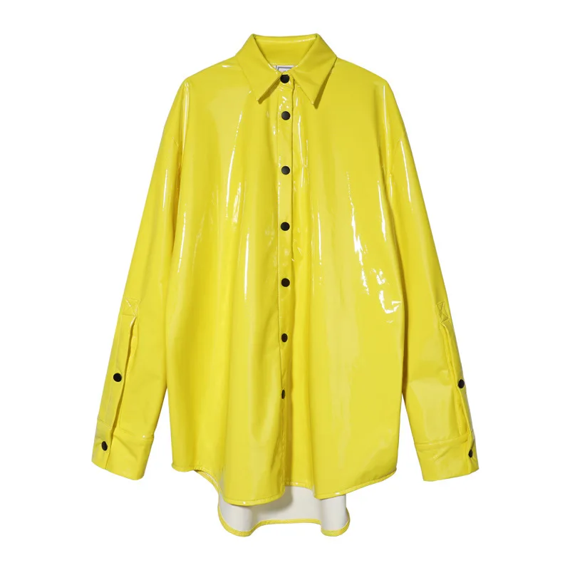 Высококачественная Новая модная женская блузка с длинными рукавами и отложным воротником, однотонные женские кожаные топы из искусственной кожи