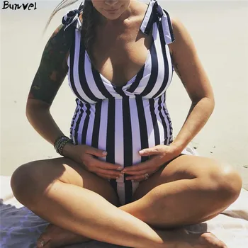 

bunvel Sexy Pregnancy Striped Printed Deep V Beach Wear Swimming Suit Maternity Swimsuit Push Up Ruffle One Piece Bikinis 2020