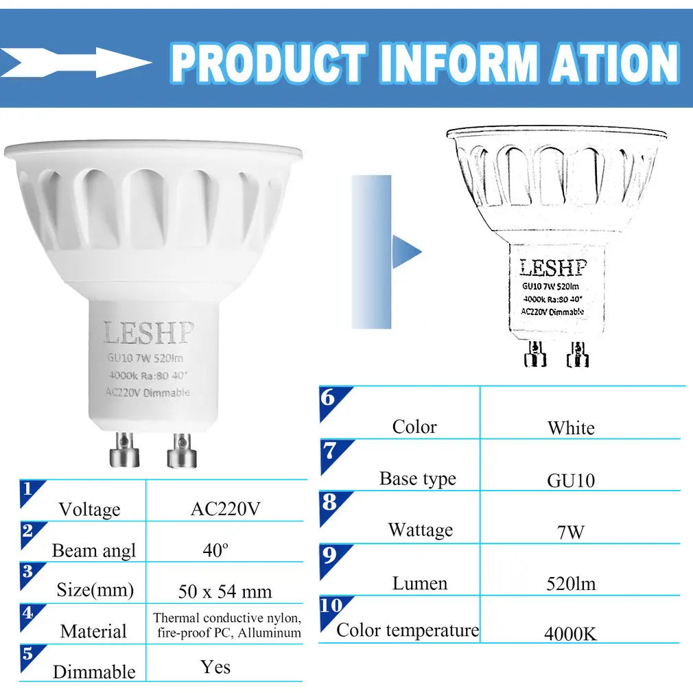 LESHP White GU10 AC220V 7W LED Spotlight 4000K 520LM Dimmable 40 Degree Beam Angle Low Power Consumption Compact Light Weight