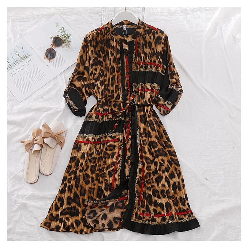 Женское шифоновое платье рубашка плиссированное лоскутное миди с леопардовым