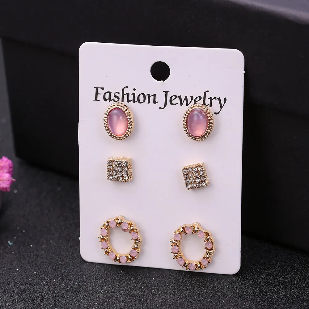 3 pairs/set Bohemian stud earrings set for women new fashion jewelry accessories retro pearl crystal earrings gifts - Окраска металла: style A