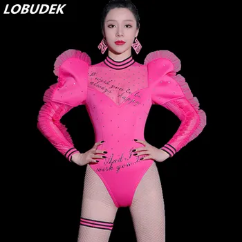 

Fashion Nightclub Women Singer Dance Costume Pink Puff Sleeve Letter Crystal Bodysuit Elastic Skinny Leotard Bar DJ Stage Wear