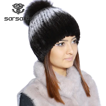 

SARSALLYA Winter fur hat for women real rex rabbit fur hat with silver fox fur flower knitted beanies sale women fur cap