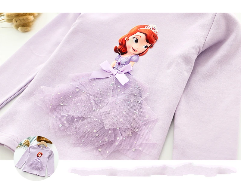 Fashion Long Sleeve T Shirt Cartoon 3D Lace Princess Shirts Elsa/sofia T Shirts Children Outfits Tops Basic Clothing