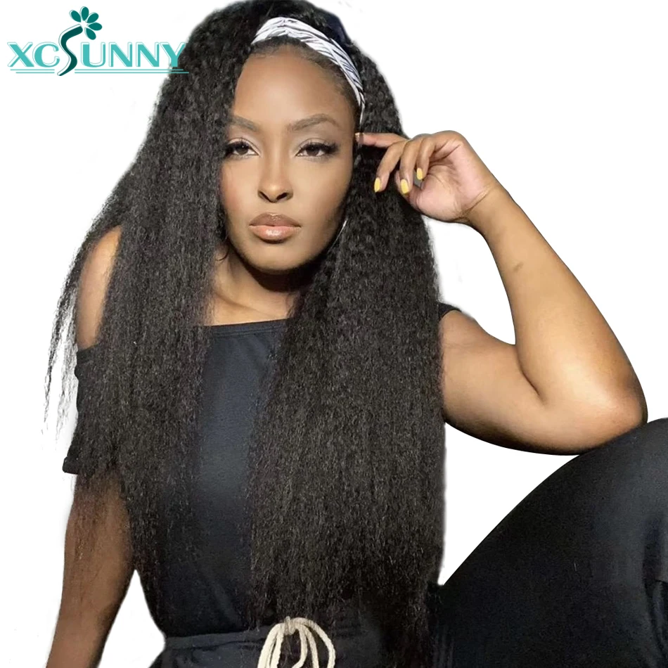 

Kinky Straight Headband Wig Human Hair Wigs With Headband Remy Peruvian Full Machine Made Wig For Black Women 180Density xcsunny