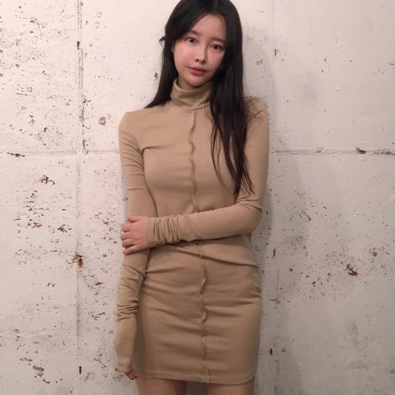 

Dresses for Women 2021 Spring and Autumn Short Style High Neck Long-sleeved Solid Color Dress Khaki Female Mini Dress Vestido