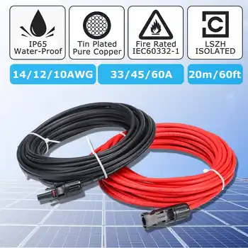 

20m 1 pair Solar Panel Extension Cable Copper Wire 2.5/4/6mm 14/12/10 AWG Black and Red with for Connector Solar PV Cable