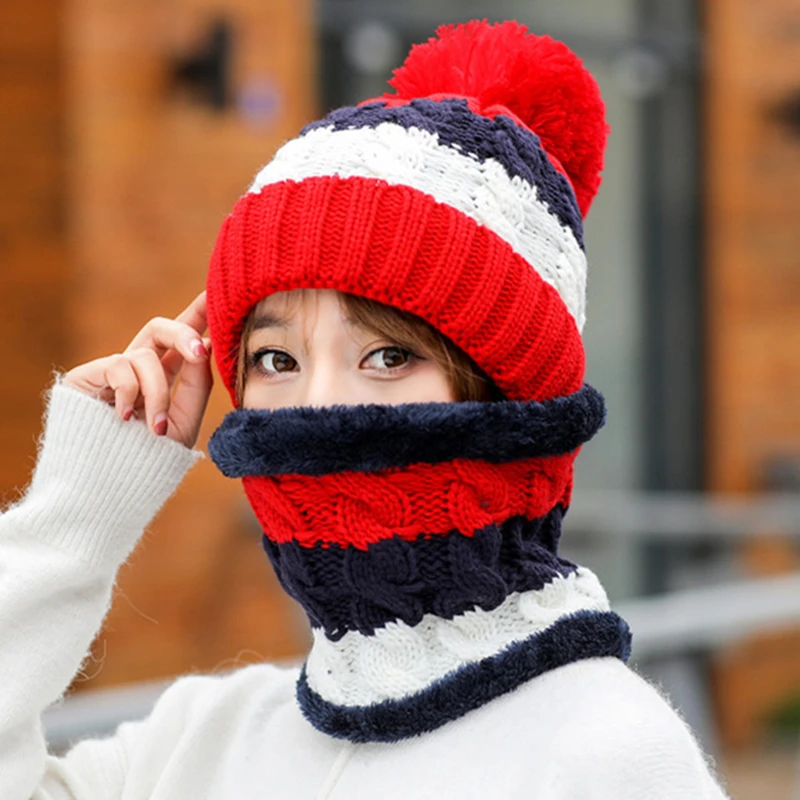 New Winter Women's Velvet Wool Hats Twist color matching Beanies Skullies Hat Female Riding Bib Knitted Hats Sets Wholesale