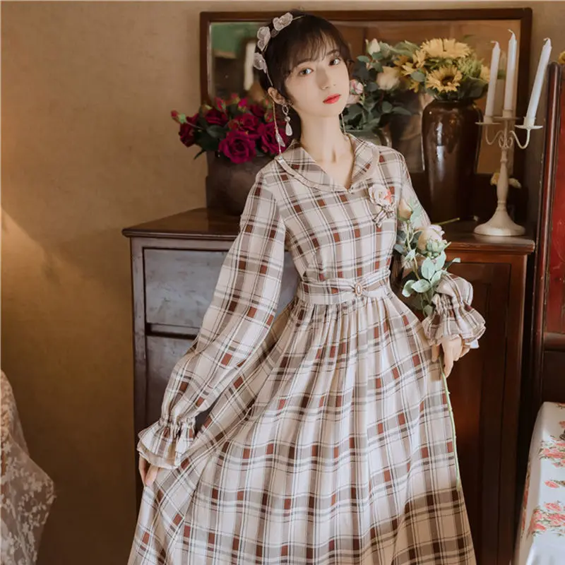 

QWEEK French Vintage Dress Plaid Women Autumn 2020 Japanese Style Sweet Kawaii Long Sleeve Midi Dress Elegant for Girls Clothes