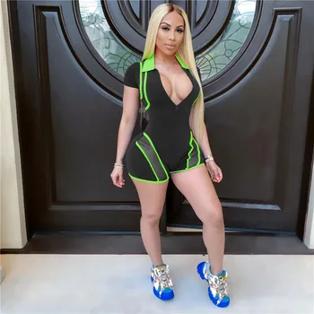 

2020 Sexy Women Deep V-neck Jumpsuit Playsuit Rompers Mesh See Through Patchwork Bodycon Jumpsuit Clubwaer Short Sleeve Shorts