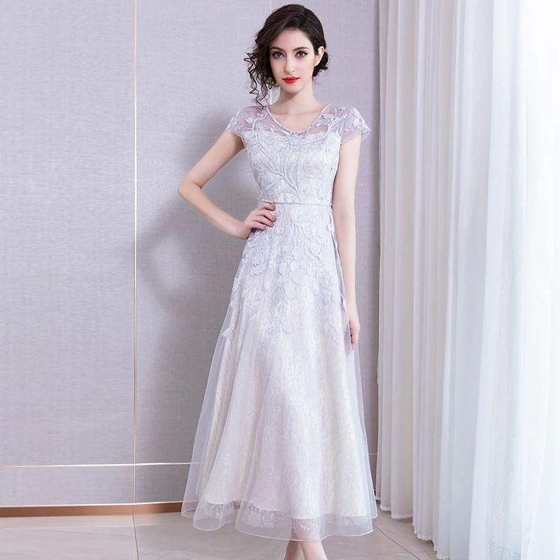

V-neck retro embroidery diamond mesh gauze dress Spring new temperament Slim heavy embroidery long dress womens clothing