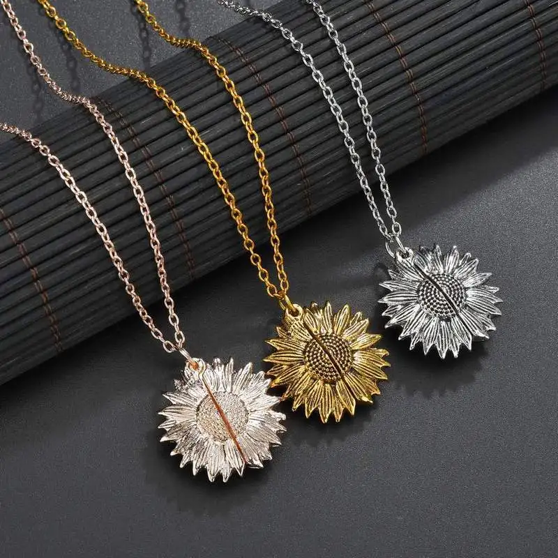 You Are My Sunshine Gold Silver Pendant Couple Necklace Charm New Fashion Women Sunflower Necklace Openable Carving party Gift