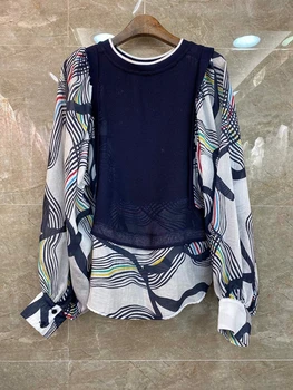 

2020 Spring and Summer New Women's round Neck Printing Color Matching Stitching Knitted Decorative Long Sleeve All-match Top 407