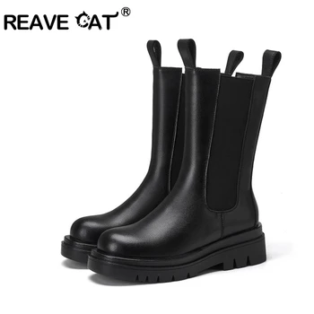 

REAVE CAT Women Short Long Boots Roud toe 3.5cm Genuine Leather Slip on Big size 33-43 White Black Casual Autumn Winter A3235