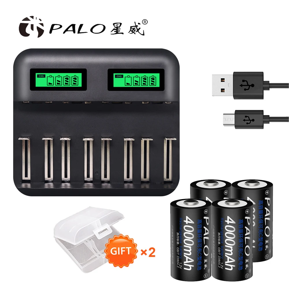 

Palo 4pcs C size Rechargeable Battery NiMh+USB Fast charge C D Battery Charger LCD for Size AA AAA SC C D Battery NiMh NiCd 1.2V