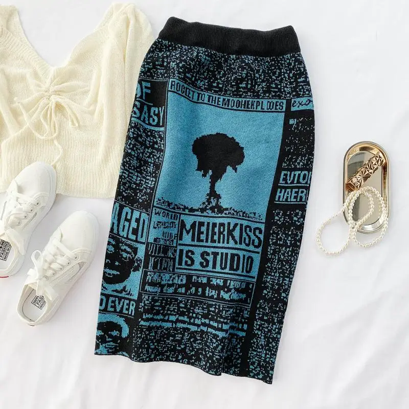 Dark Blue Young Gee Модные трикотажные юбки карандаш Осень Зима Повседневная Женская высокая талия элегантная тонкая Длинная черная синяя юбка jupe femme - Цвет: Dark Blue