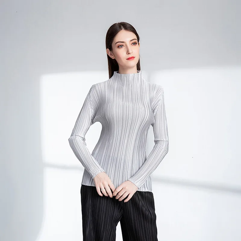 Silvery white Однотонная плиссированная женская футболка, Весенняя НОВАЯ тонкая футболка с длинным рукавом и высоким воротом, повседневный Топ PC351 - Цвет: Silvery white