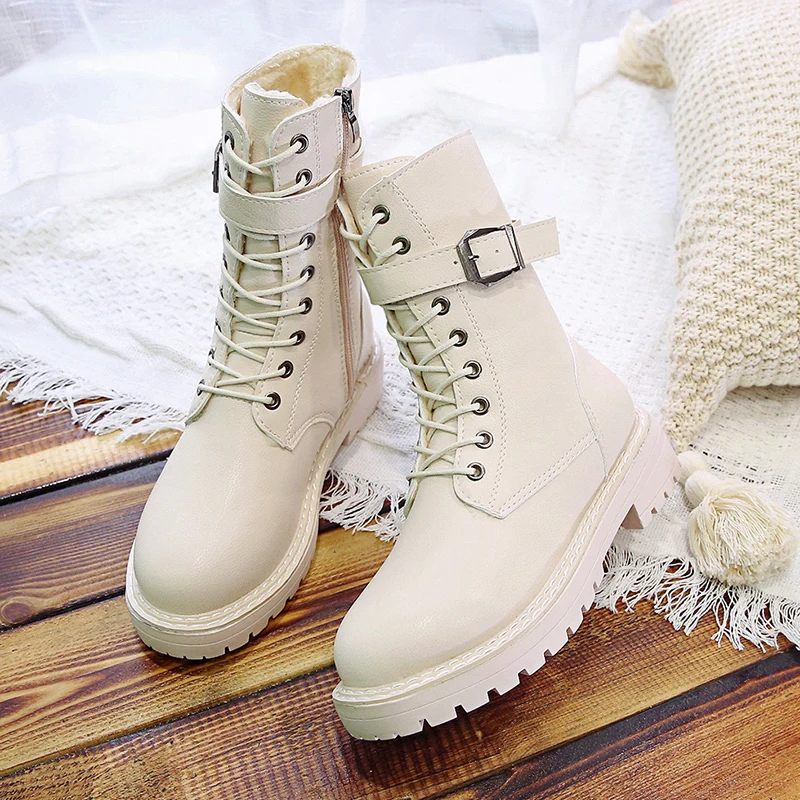 Tanie 2019 nowe buty damskie zimowe zasznurować białe buty buty zachodnie kowbojki damskie buty marki czarne ciepłe futrzane botki platformy