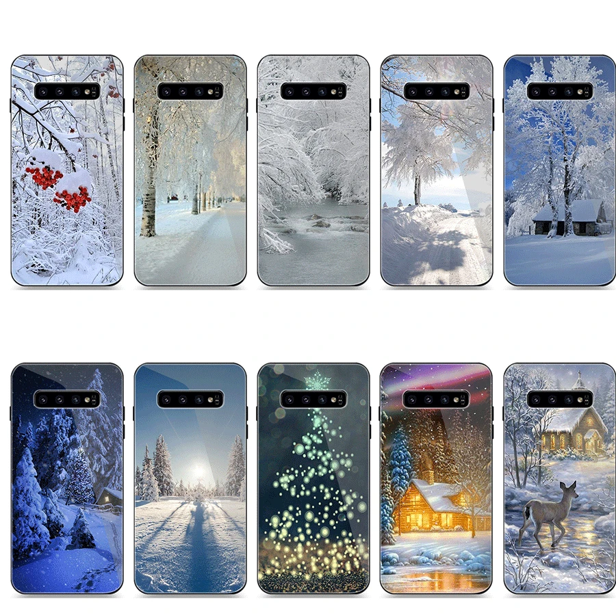 Luxury Phone Case For Samsung Note 8 9 10 Plus Tempered Glass Back Cover Christmas snow | Мобильные телефоны и аксессуары
