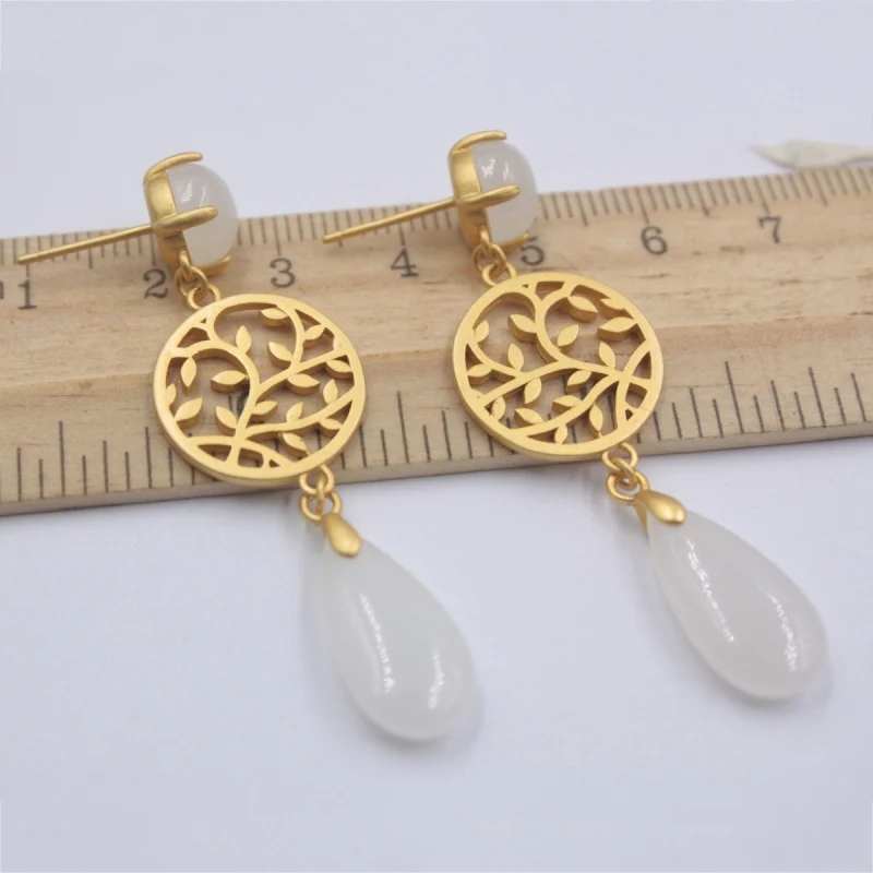 Pure 925 Sterling Silver Dangle Earrings Natural Nephrite Flower Drop Earrings 