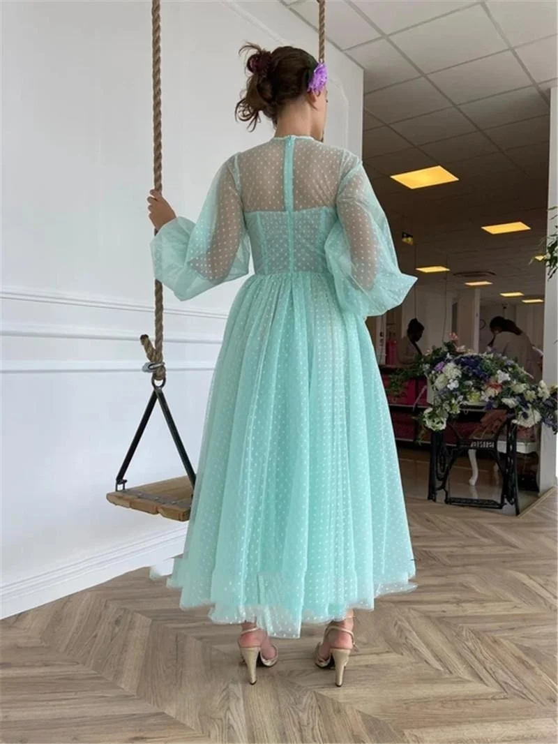 Turquoise Green Dotted Tulle Tea Length Prom Dresses With Buttons O-Neck Puffy Long Sleeve Homecoming Party Dress A-Line Cocktail Graduation