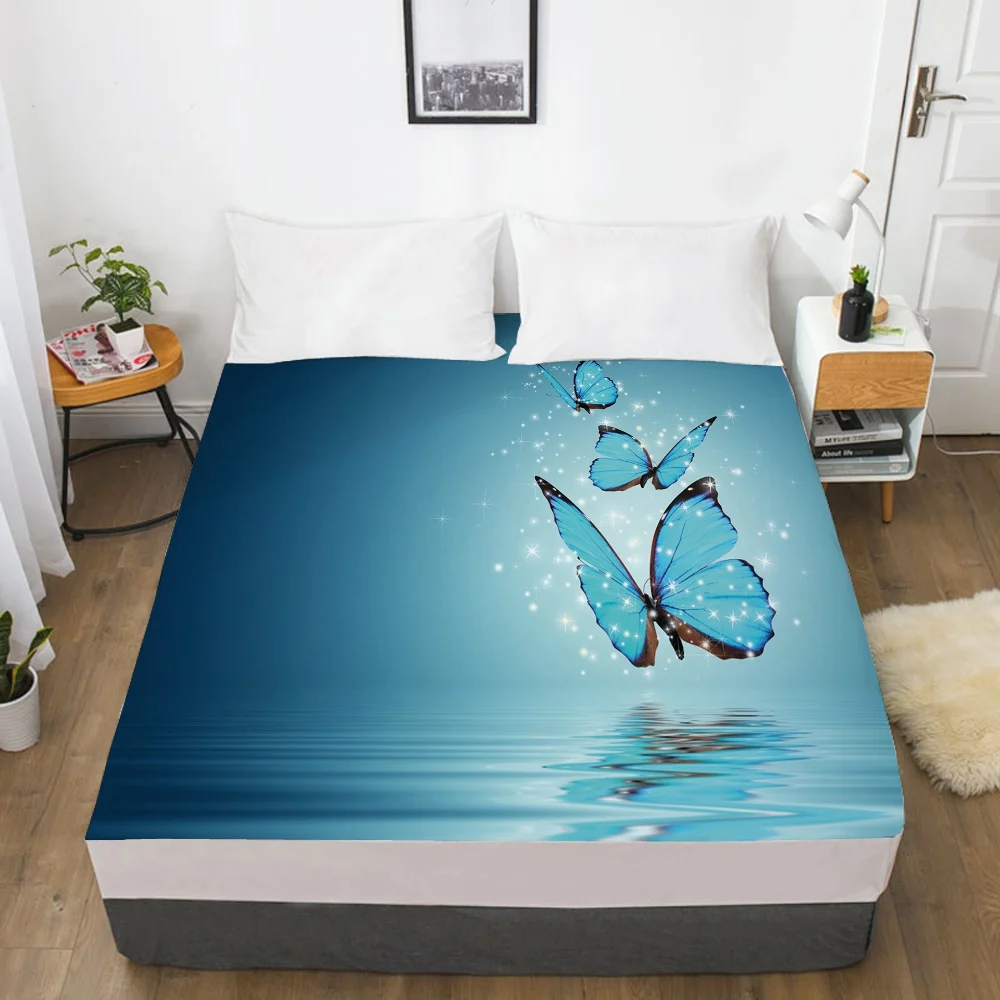 Elastic fitted sheet bed With An Band 150x200/180/200/160x200 Mattress Cover Bed cover 1pc Butterfly Aqua Blue | Дом и сад