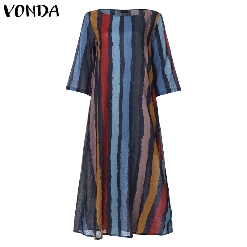 VONDA, женское платье с круглым вырезом, в полоску, с принтом, макси, платья для женщин, винтажные, богемные, вечерние, длинные, Vestido размера плюс, Robe Femme S-5XL