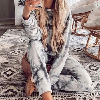 

2020 Autumn Winter Loungewear Women Pyjama Set Tie-dye Home Wear Lounge Set Homewear Women Long Sleeve Lounge Wear Sleepwear