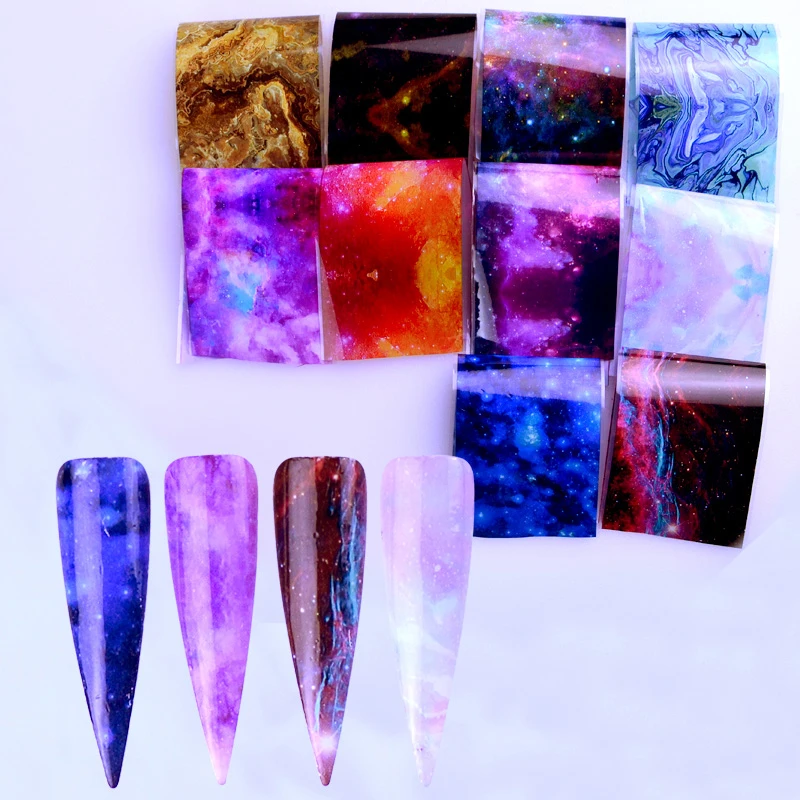 

10pcs Nail Foil Sticker Set Holographic Starry Sky Adhesive Wraps Transfer Paper Marble Shining Nail Art Decal Gel Slider
