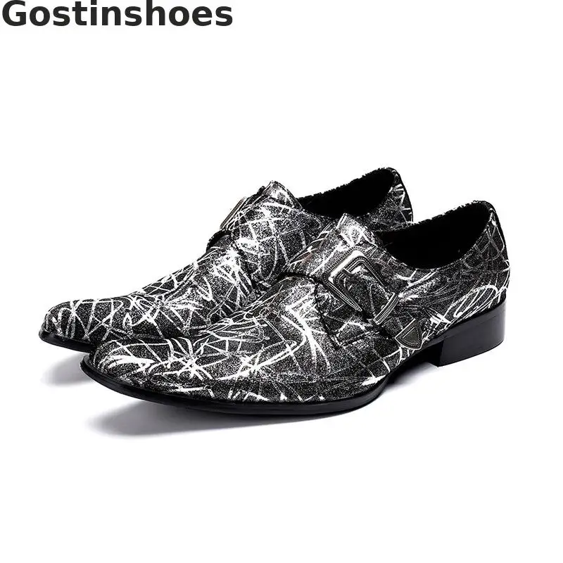 

Graffiti Curved Lines Genuine Leather Shoes Men Pointed Toe Head Buckle Strap Men Casual Leather Shoes Fashion Style Derby Shoes