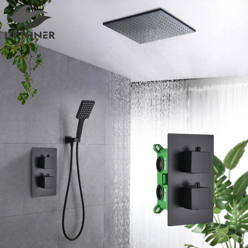 onaangenaam Verwoesting Foto Badkamer Matte Black Thermostatische Douchekraan Regendouche Plafond  Gemonteerde Bad Mengkraan Badkamer Douche Set Muur|Douchekraan| - AliExpress