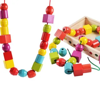 

New Arrival Wooden Educational Block Toys Geometric Assembling Blocks 30Pcs String Shape Beads Sequencing Box Color Geometrical